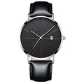 Close-up of black dial men's quartz watch with date window and silver stainless steel case - Silver Case Black Dial Black Leather Strap
