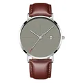 Detail of men's quartz watch showing brown leather strap, grey dial and date window display - Silver Case Gray Dial Brown Leather