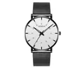 Close-up of Geneva minimalist watch dial with silver indices and black mesh strap - Black Case Black Hands Black Band