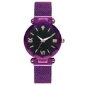 Detail of purple starry sky watch dial with diamond-cut glass and magnetic mesh band - Purple