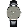 Close-up of minimalist grey watch dial with date window and silver metal casing - Silver Case Gray Dial Black Leather