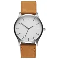 Minimalist men's quartz watch with large white dial and light brown suede leather strap - White Dial Brown Strap