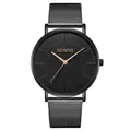 Detailed macro view of black minimalist watch dial with matte texture and gold mesh strap - Black Case Rose Gold Hands