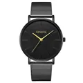 Close-up of Geneva black quartz watch featuring a gold-tone handset and milanese mesh strap - Black Case Gold Hands