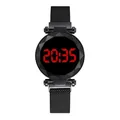 Fashionable digital watch with black Milanese magnetic band and red LED display - Black