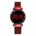 Fashionable red digital watch with magnet strap and LED display on a faceted glass dial - Red