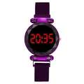Paars digitaal dameshorloge met magnetische Milanese mesh band en LED-display - Paars