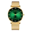 Ανδρικό ρολόι Geneva quartz με χρυσό λουράκι mesh και σμαραγδένιο ρωμαϊκό καντράν - Χρυσή Κάσα Πράσινο Καντράν Χρυσό Λουράκι