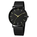 Minimalist men's watch with black Milanese mesh strap and golden minimalist hour markers - Black Case Black Dial Gold Hands