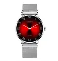 Detailed close-up of a silver Milanese mesh strap and black-red gradient roman dial watch - Silver Red Dial