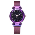 Elegant women's purple starry sky quartz watch with magnetic strap and faceted glass dial - Purple