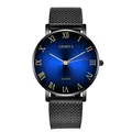 Detailed close-up of blue sunburst dial with Roman numerals and black mesh metal strap - Black Case Blue Dial Black Band