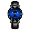 Macro detail of Geneva quartz watch featuring blue sunray dial and gold Roman numerals - Black/Blue