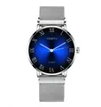 Front view of silver Milanese mesh strap watch with a gradient blue Roman dial - Silver Band Blue Dial