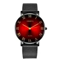 Classic quartz watch with red sunray dial, gold Roman numerals and black mesh band - Black Case Red Dial Black Band