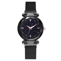 Women's starry sky watch with black magnetic mesh strap and faceted glass dial - Black