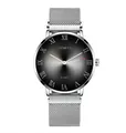 Detailed shot of the black sunray dial with Roman numerals and silver mesh strap - Silver White Dial