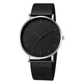 Macro shot of minimalist silver quartz watch with black mesh strap and sleek dial - Silver Case Black Dial Black Strap