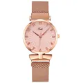 Minimalist women's rose gold quartz watch with pink textured dial and Milanese mesh strap - Pink
