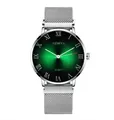 Detail of green sunray dial with Roman numerals and silver mesh strap on quartz watch - Silver Case Green Dial