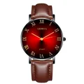 Detailed macro view of the Geneva men's business watch with a deep red gradient dial - Black Case Red Dial Brown Strap