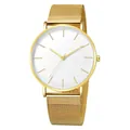 Close-up of minimalist gold quartz watch with white dial and mesh stainless steel band - Gold Case White Dial Gold Band
