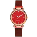 Dettaglio orologio al quarzo con quadrante rosso stellato, vetro sfaccettato e cinturino mesh - Rosso