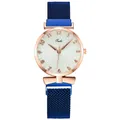 Elegant rose gold ladies watch with white dial and blue Milanese mesh band strap - Blue
