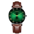 Detail of Geneva quartz watch featuring a green sunburst dial and brown leather strap - Black Case Green Dial Brown Strap