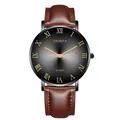 Close-up of Geneva men's business watch with brown leather strap and roman numeral dial - Black Case Black Dial Brown Strap
