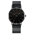 Minimalist black Geneva men's business watch with rose gold dial details and mesh strap - Black Case Black Strap Black Dial Orange Hands