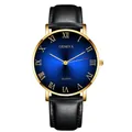 Detail of Geneva quartz watch featuring blue sunray dial and gold Roman numerals - Gold Case Blue Dial Black Strap
