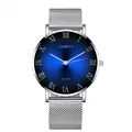 Macro detail of the silver mesh strap and blue gradient dial on this quartz men watch - Silver Band Blue Dial