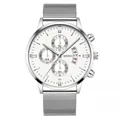Men's business quartz watch with silver mesh strap and white multi-function dial - Silver Case White Dial