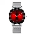Detail of quartz watch with silver mesh band and red-black gradient sunburst dial - Silver Red Dial