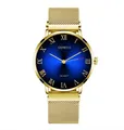 Detail of gold quartz watch with blue sunray dial and Milanese mesh steel strap - Gold Band Blue Dial