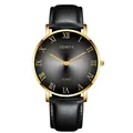 Close-up of Geneva men's quartz watch with gold roman numerals and black leather strap - Gold Case Black Dial Black Strap