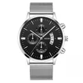 Men's silver quartz watch with black chronograph dial and Milanese mesh steel strap - Silver Case Black Dial