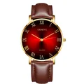 Detail of classic men's watch with red gradient dial, Roman numerals, and brown leather strap - Gold Case Red Dial Brown Strap