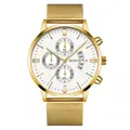 Men's gold mesh strap chronograph watch with a white three-dial face and date display - Gold Case White Dial