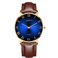 Macro shot of sunray blue dial with Roman numerals and gold case on leather watch - Gold Case Blue Dial Brown Strap