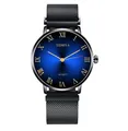 Close-up of blue sunray dial with gold Roman numerals and black Milanese steel strap - Black Band Blue Dial