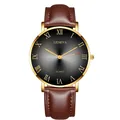 Close-up of Geneva men's quartz watch with brown leather strap and Roman numerals dial - Gold Case Black Dial Brown Strap