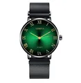 Close-up of green gradient dial with Roman numerals and black Milanese mesh watch strap - Black Strap Green Dial