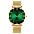 Detail of green sunray dial with Roman numerals and golden mesh strap quartz watch - Gold Band Green Dial