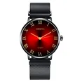 Close-up of red sunray dial with Roman numerals and black mesh magnetic strap - Black Strap Red Dial