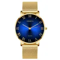 Detail of blue sunburst dial with Roman numerals and golden Milanese mesh strap watch - Gold Band Blue Dial