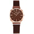 Women's quartz watch with brown sunray dial and magnetic Milanese mesh band in rose gold case - Brown