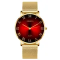 Detail of Roman numeral quartz watch with gold Milanese mesh band and red gradient dial - Gold with Red Dial