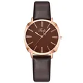 Elegant women's quartz watch with brown leather strap and rose gold rectangular case - Brown